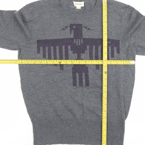 Diesel Men’s Grey Crew Neck Graphic Knit Pullover Jumper Size M