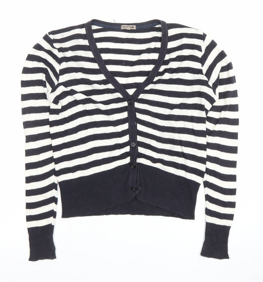 Jigsaw Women’s Black White Striped V-Neck Cotton Cardigan Size S