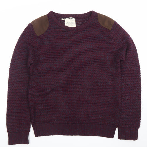 Brave Soul Men Purple Waffle-Knit Crew Neck Jumper L