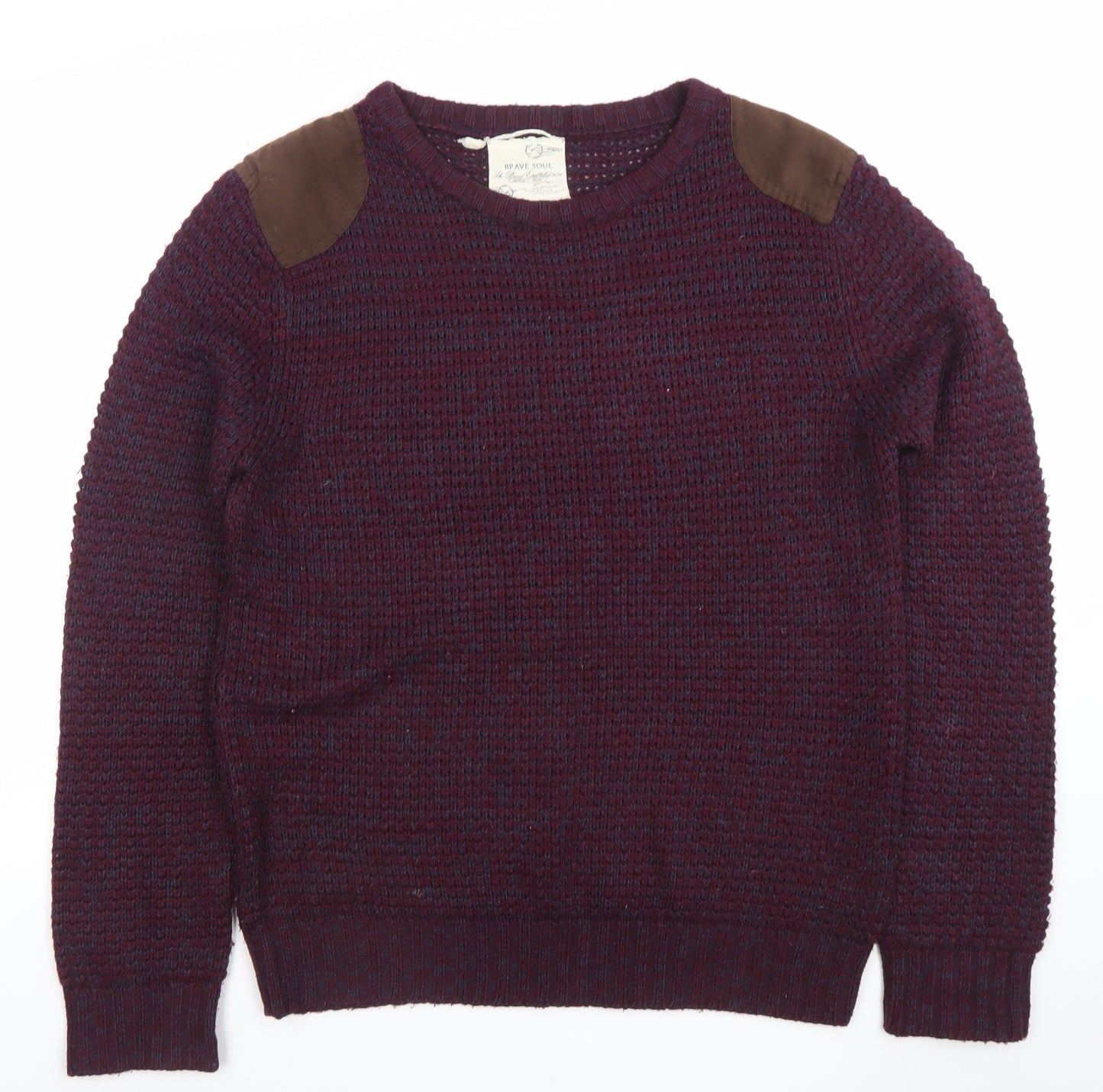 Brave Soul Men Purple Waffle-Knit Crew Neck Jumper L