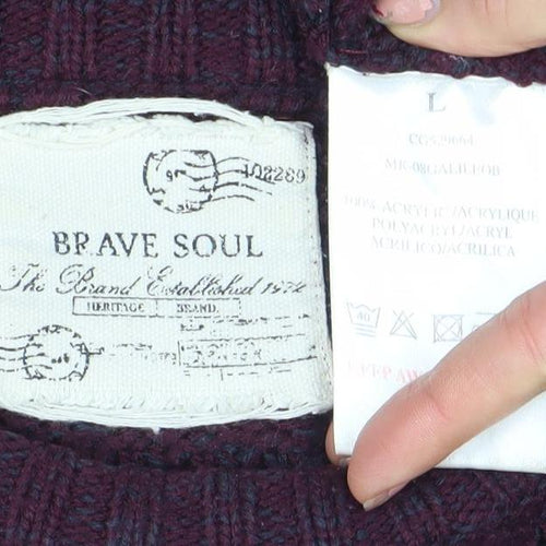 Brave Soul Men Purple Waffle-Knit Crew Neck Jumper L