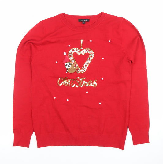 Ellie B Women's Red Sequin Christmas Sloth Jumper Size S