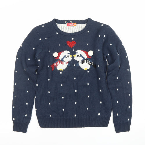 Lily & Dan Girls Navy Christmas Jumper 11-12 Years Knit Pullover Penguin Design