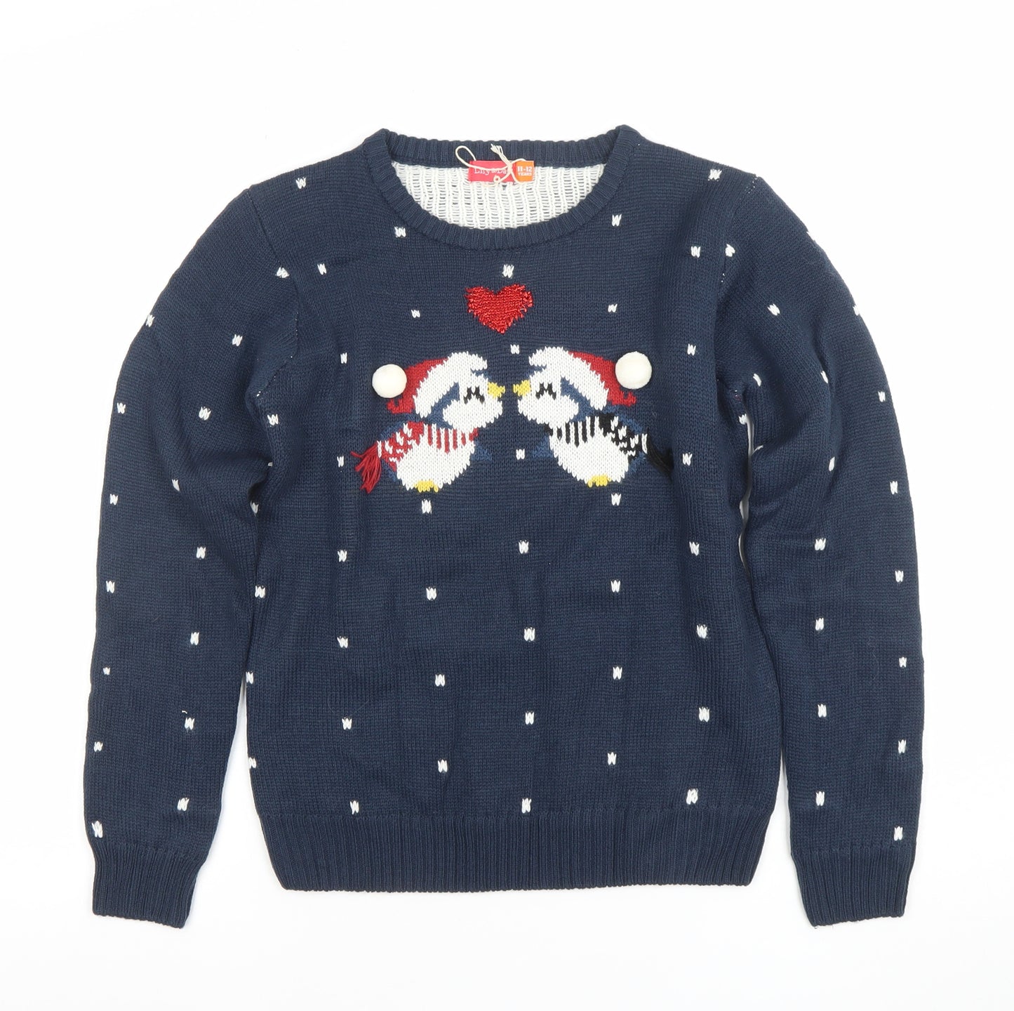 Lily & Dan Girls Navy Christmas Jumper 11-12 Years Knit Pullover Penguin Design