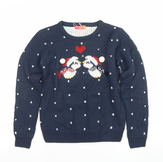 Lily & Dan Girls Navy Christmas Jumper 11-12 Years Knit Pullover Penguin Design