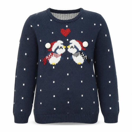 Lily & Dan Girls Navy Christmas Jumper 11-12 Years Knit Pullover Penguin Design