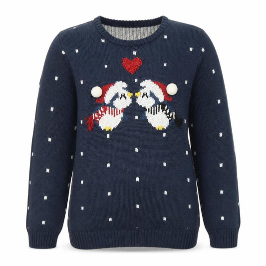 Front view of Lily & Dan girls’ navy christmas jumper 11-12 years knit pullover penguin design