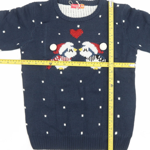 Lily & Dan Girls Navy Christmas Jumper 11-12 Years Knit Pullover Penguin Design