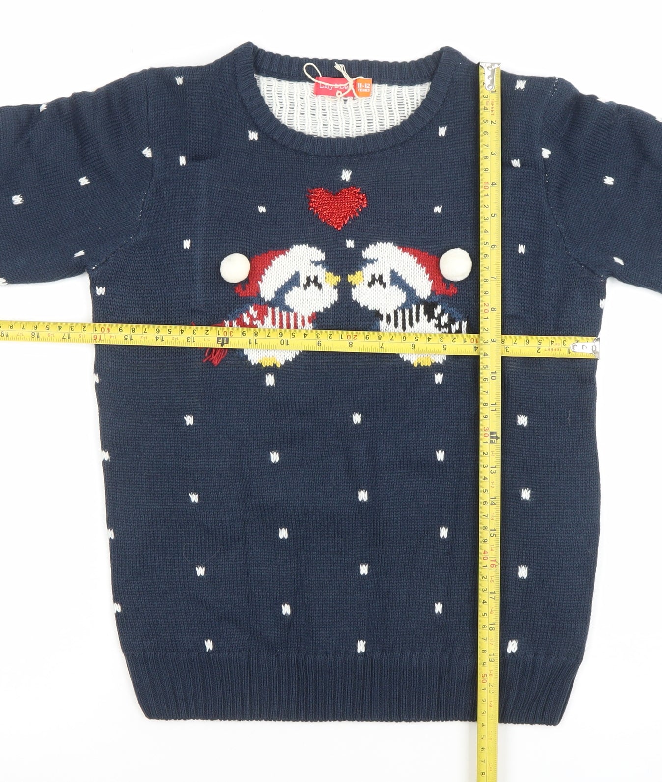 Lily & Dan Girls Navy Christmas Jumper 11-12 Years Knit Pullover Penguin Design