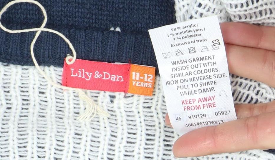 Lily & Dan Girls Navy Christmas Jumper 11-12 Years Knit Pullover Penguin Design