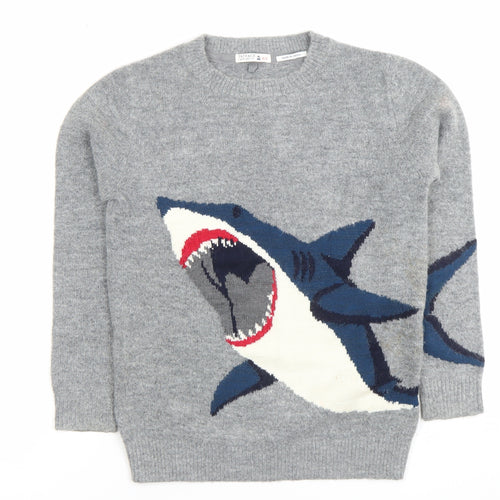 FatFace Girls Grey Shark Jumper 8-9 Years Crew Neck Wool Blend Knit