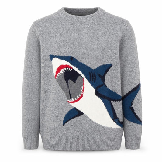 Front view of FatFace girls’ grey shark jumper 8-9 years crew neck wool blend knit