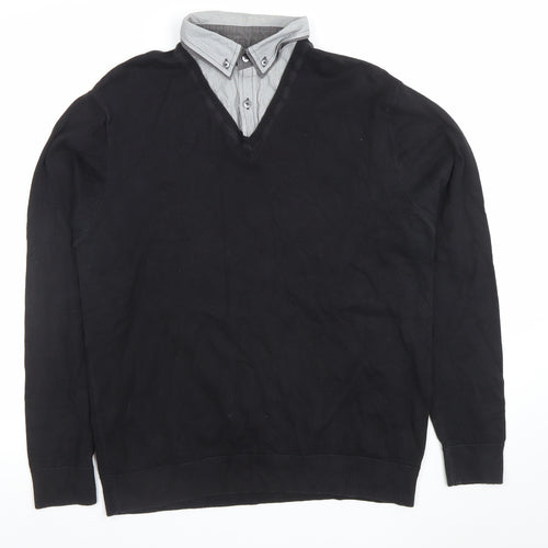 Next Men's Black V-Neck Long Sleeve Polo Sweater Size L Cotton Blend