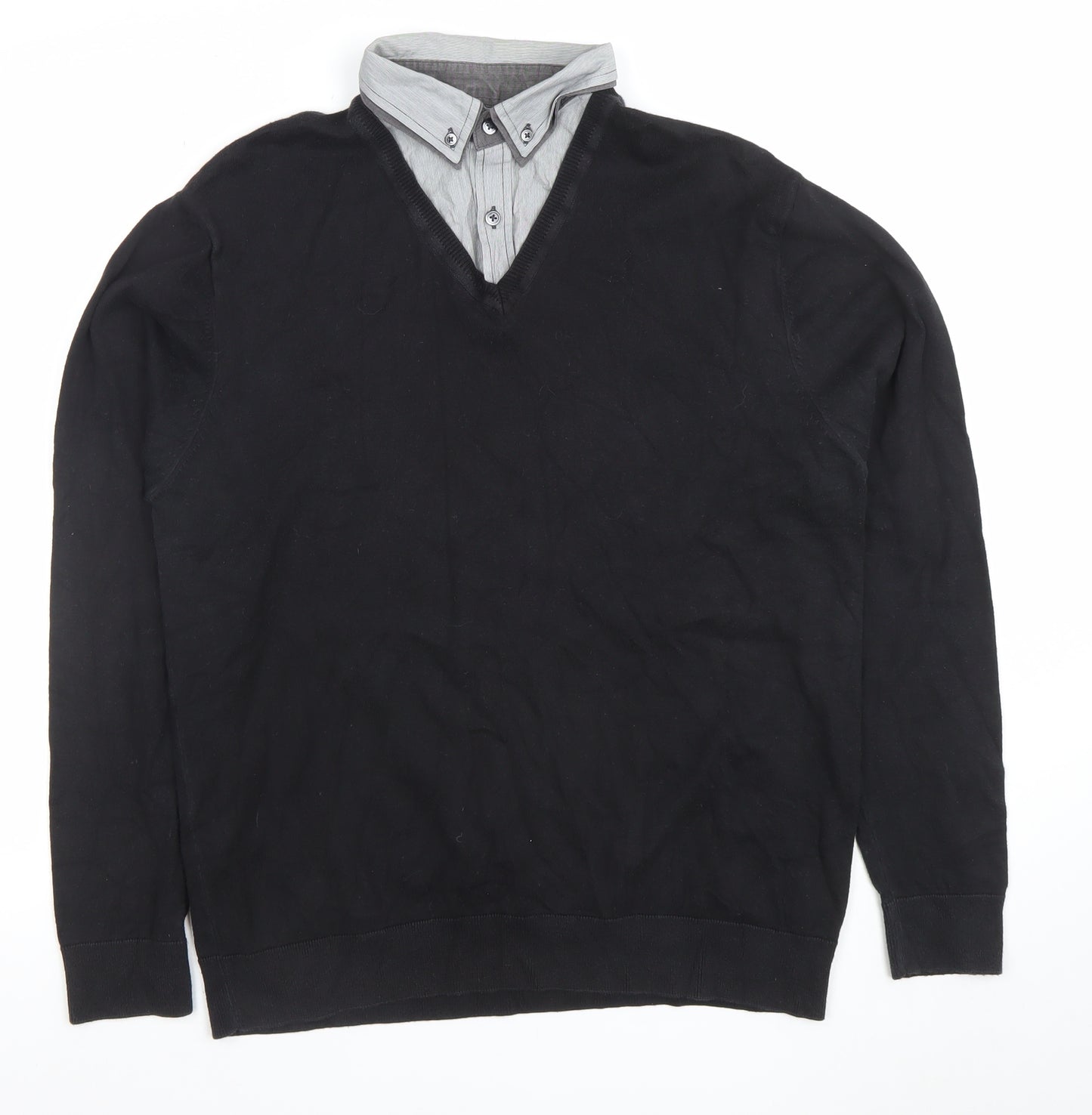 Next Men's Black V-Neck Long Sleeve Polo Sweater Size L Cotton Blend