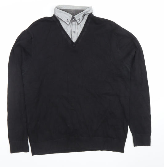 Next Men's Black V-Neck Long Sleeve Polo Sweater Size L Cotton Blend