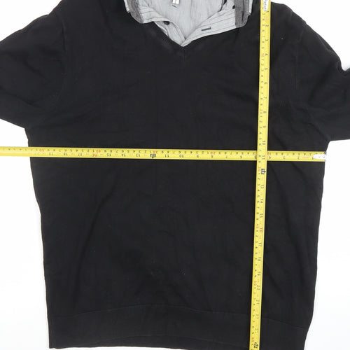 Next Men's Black V-Neck Long Sleeve Polo Sweater Size L Cotton Blend