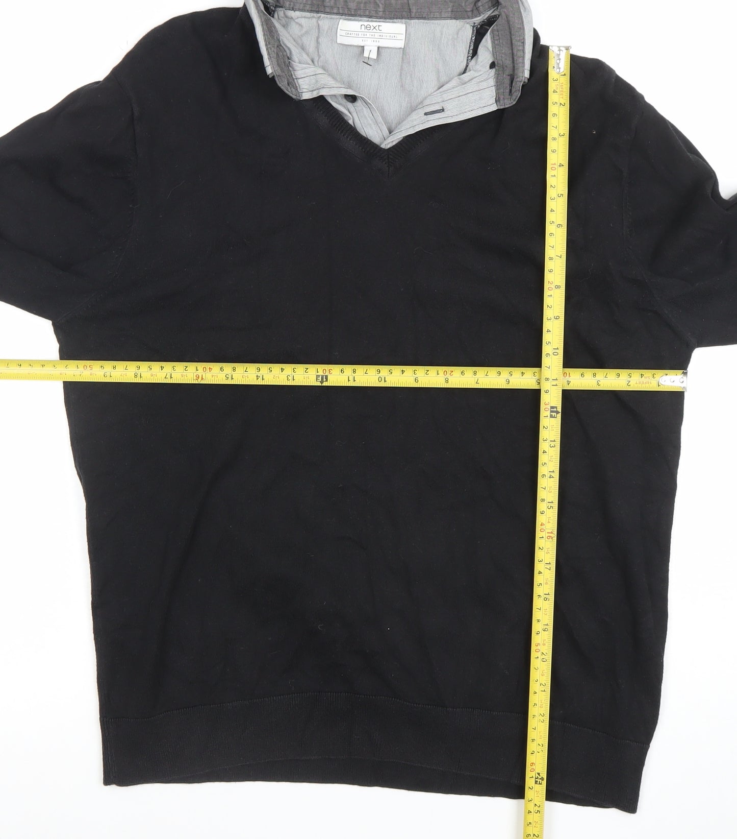 Next Men's Black V-Neck Long Sleeve Polo Sweater Size L Cotton Blend