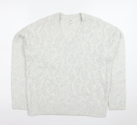 Marks and Spencer Womens Grey Wool V-Neck Cable Knit Jumper Size S