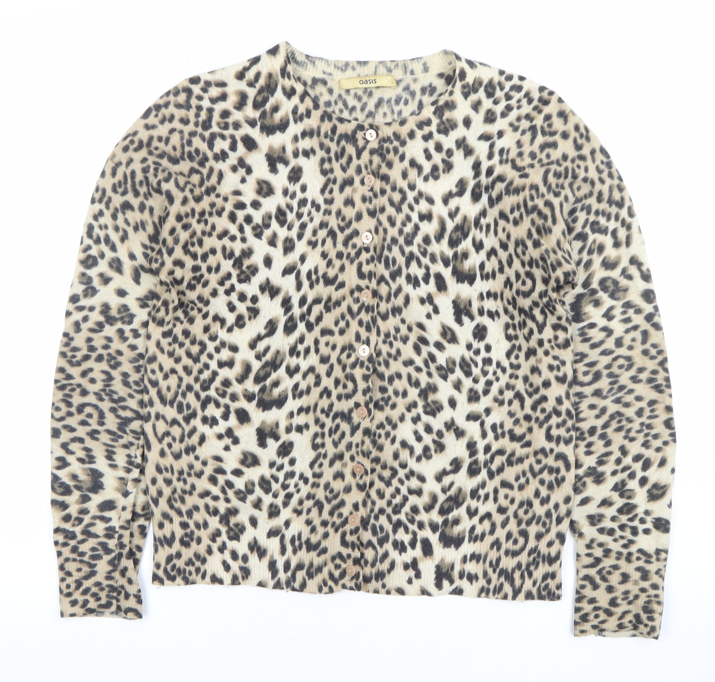 Oasis Women's Beige Leopard Print Lambswool Angora Cardigan L
