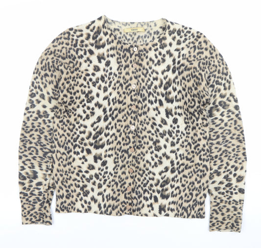 Oasis Women's Beige Leopard Print Lambswool Angora Cardigan L