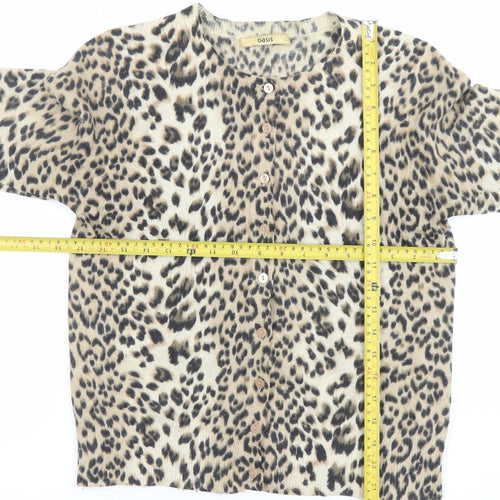 Oasis Women's Beige Leopard Print Lambswool Angora Cardigan L