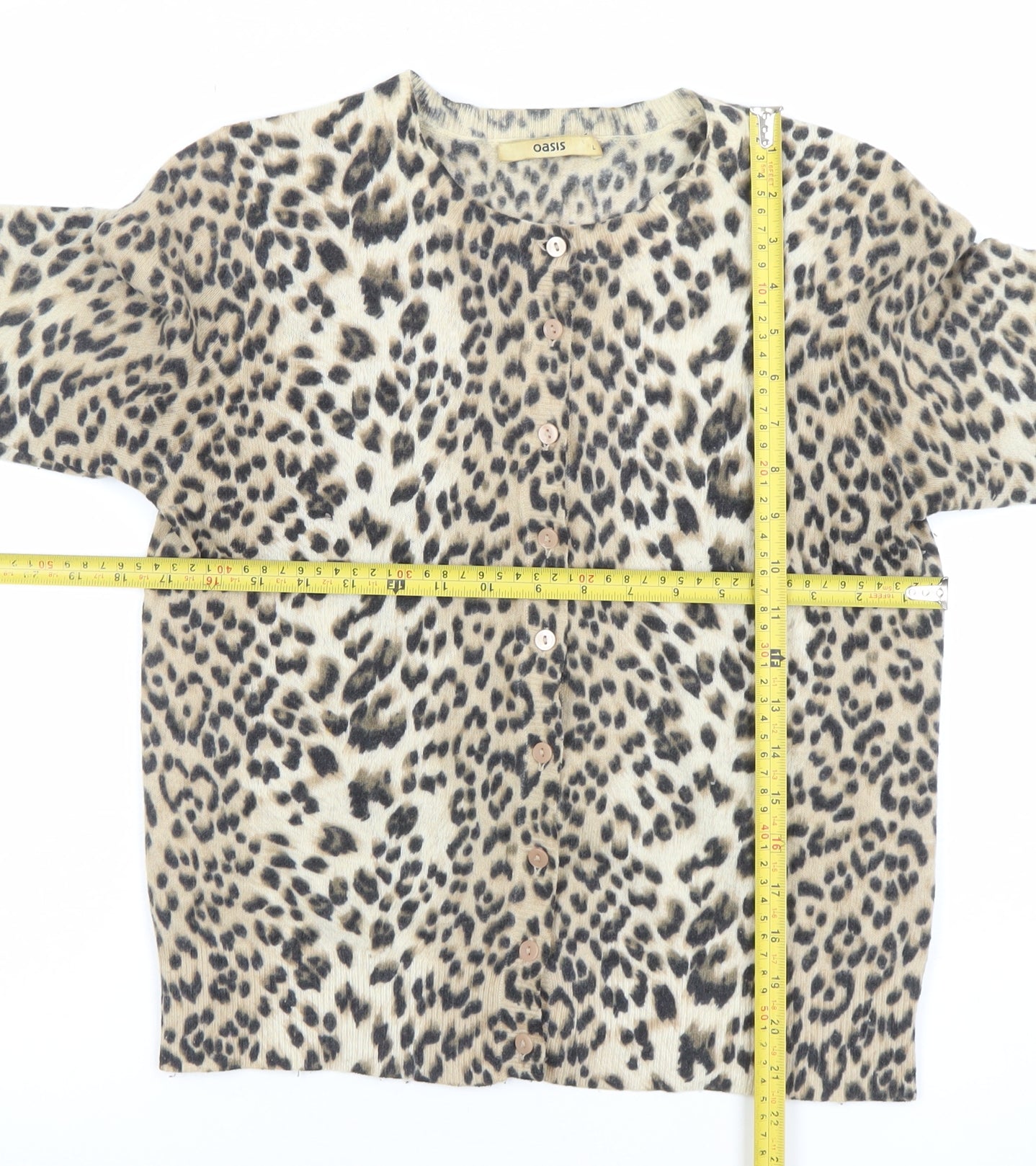 Oasis Women's Beige Leopard Print Lambswool Angora Cardigan L