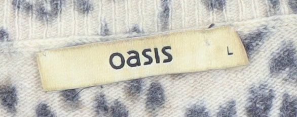 Oasis Women's Beige Leopard Print Lambswool Angora Cardigan L