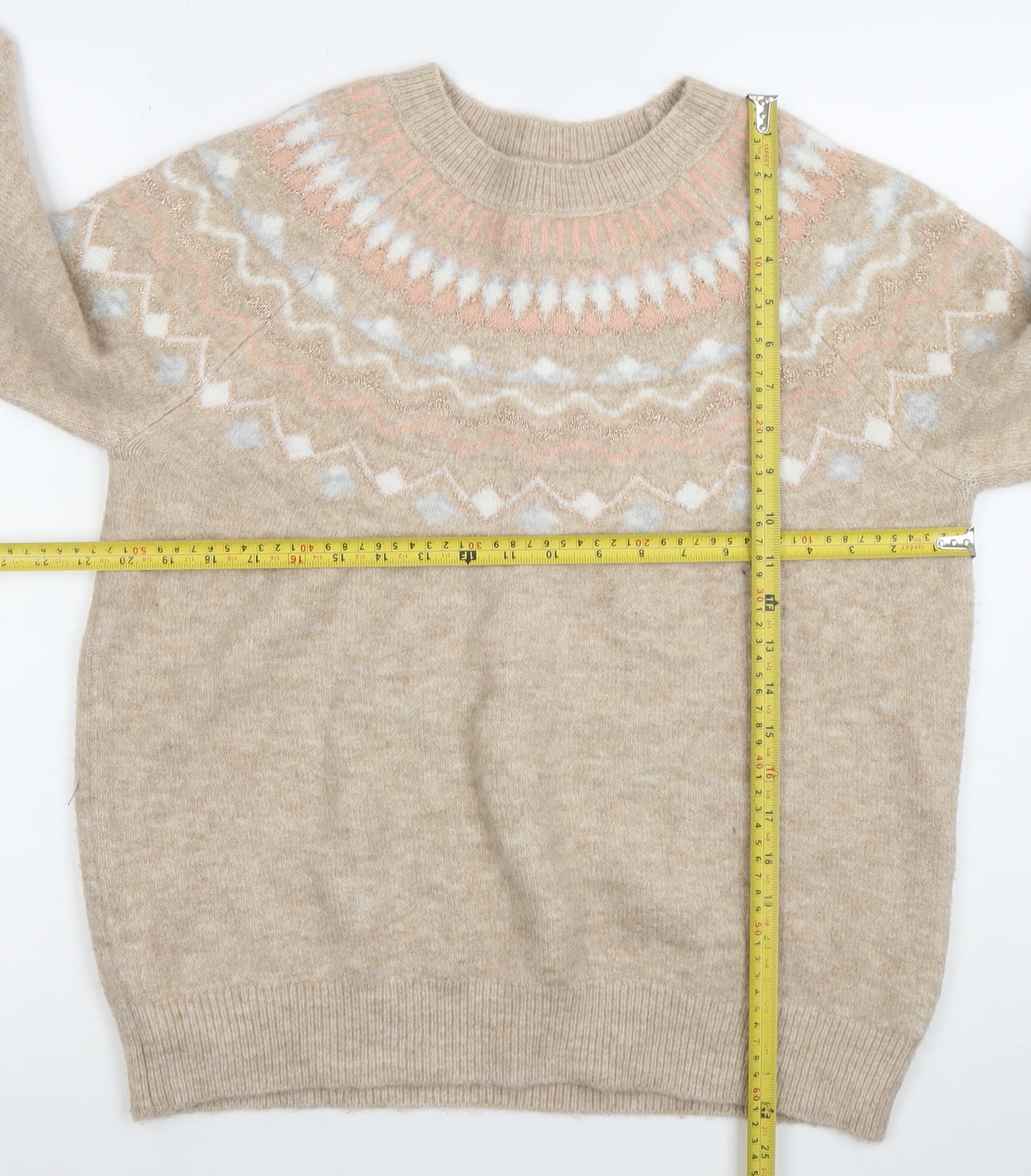 Papaya Women’s Beige Fair Isle Knit Jumper Size M