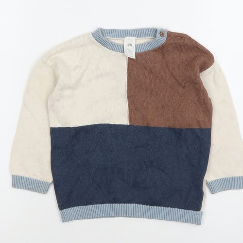 H&M Unisex Baby Beige Blue Brown Colourblock Knit Jumper 12-18 Months