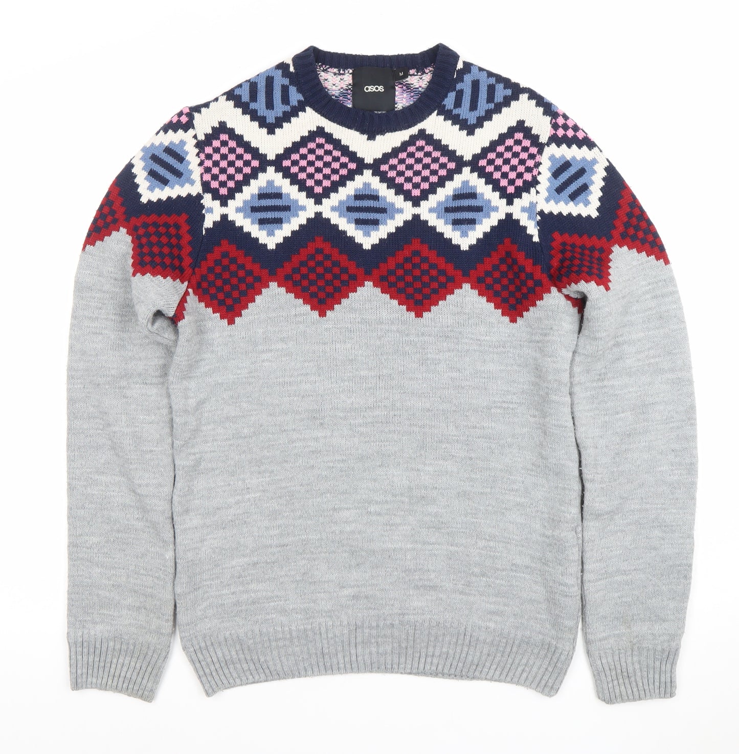 ASOS Men’s Grey Geometric Knit Jumper Size M Long Sleeve Pullover