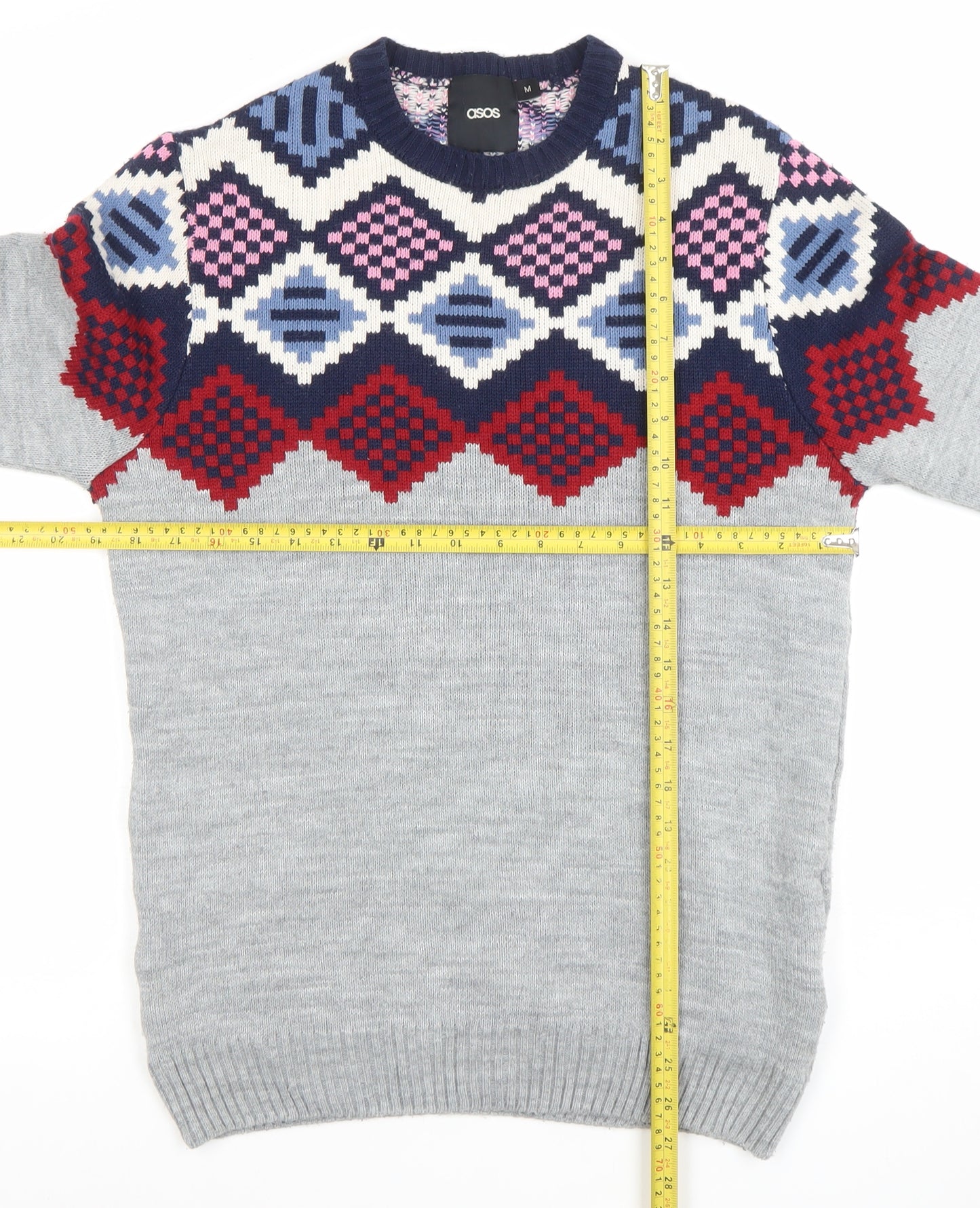ASOS Men’s Grey Geometric Knit Jumper Size M Long Sleeve Pullover