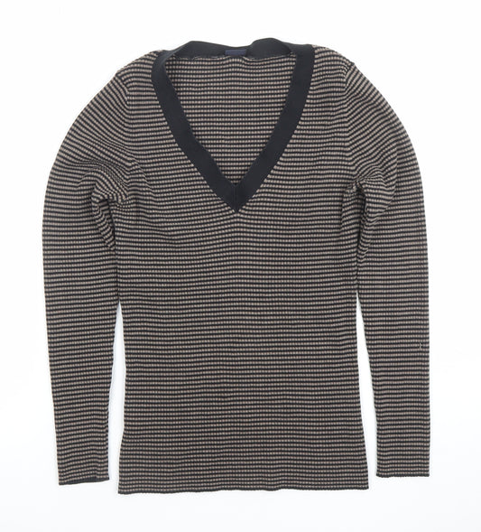 GAP Womens Brown Striped V-Neck Long Sleeve Slim Fit Pullover Jumper Size L