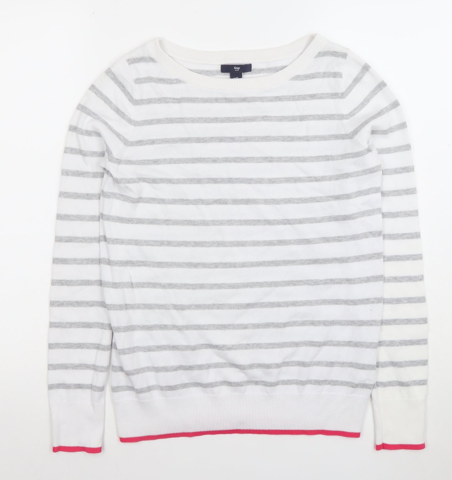 Gap Womens White Grey Striped Cotton Jumper XS Crew Neck Pullover