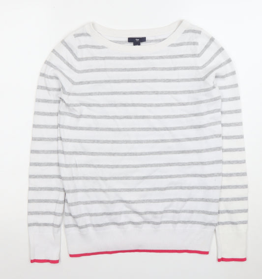 Gap Womens White Grey Striped Cotton Jumper XS Crew Neck Pullover