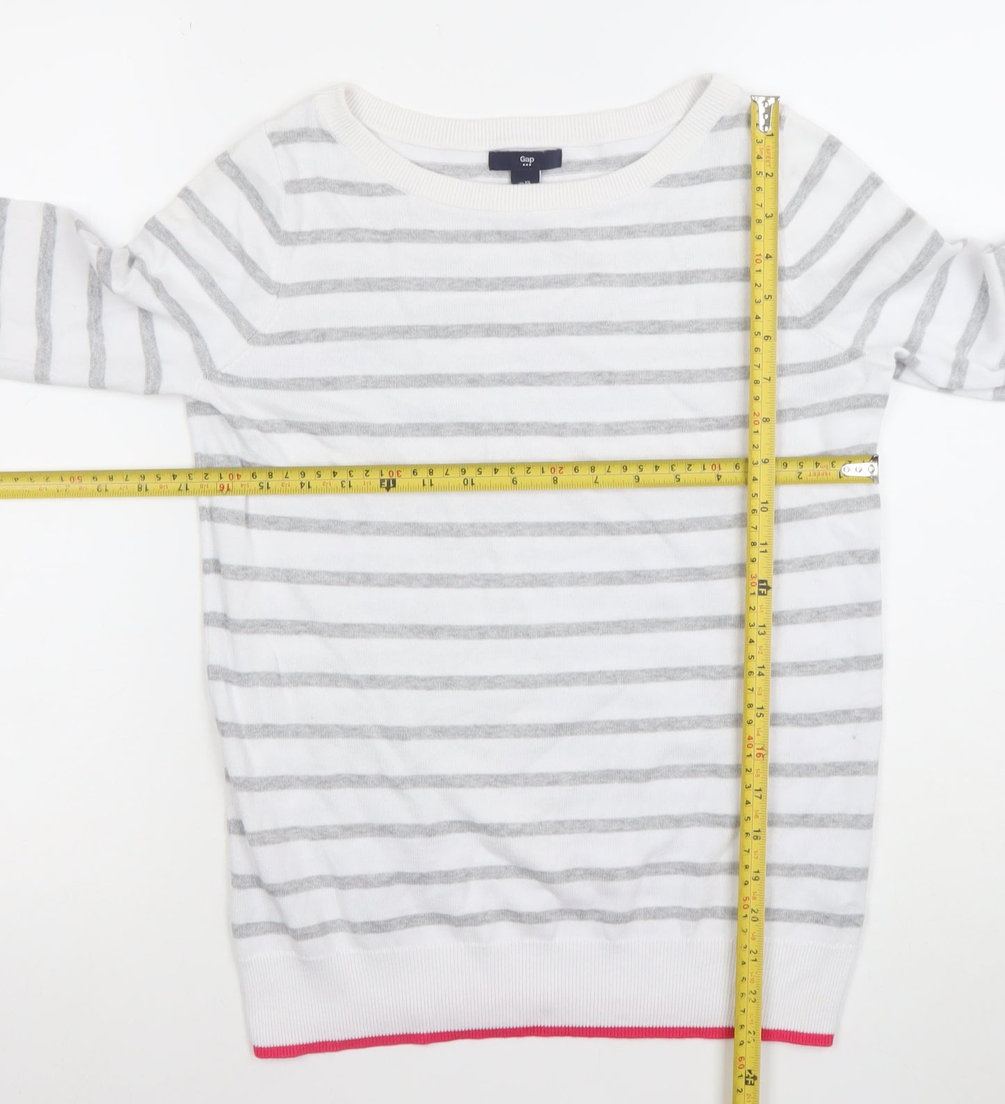 Gap Womens White Grey Striped Cotton Jumper XS Crew Neck Pullover