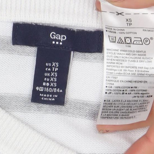 Gap Womens White Grey Striped Cotton Jumper XS Crew Neck Pullover
