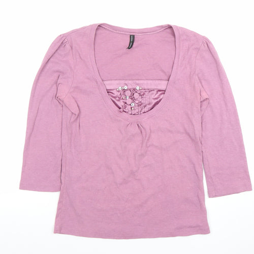 Marks and Spencer Women Pink Scoop Neck 3/4 Sleeve Cotton Blend T-Shirt UK 12