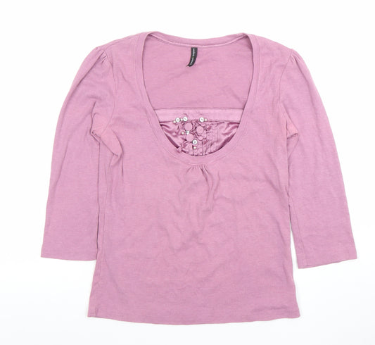 Marks and Spencer Women Pink Scoop Neck 3/4 Sleeve Cotton Blend T-Shirt UK 12