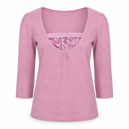 Marks and Spencer Women Pink Scoop Neck 3/4 Sleeve Cotton Blend T-Shirt UK 12