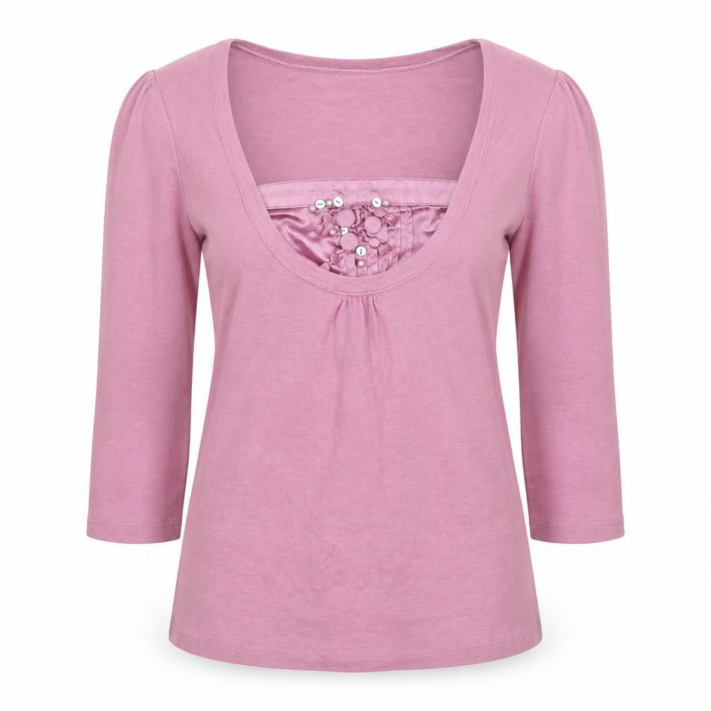Marks and Spencer Women Pink Scoop Neck 3/4 Sleeve Cotton Blend T-Shirt UK 12