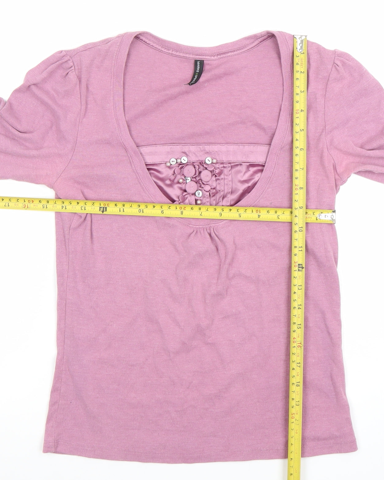 Marks and Spencer Women Pink Scoop Neck 3/4 Sleeve Cotton Blend T-Shirt UK 12