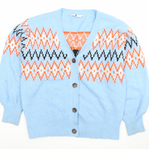 Very Women's Blue Geometric Knit Cardigan Size 10 V-Neck Puff Sleeve