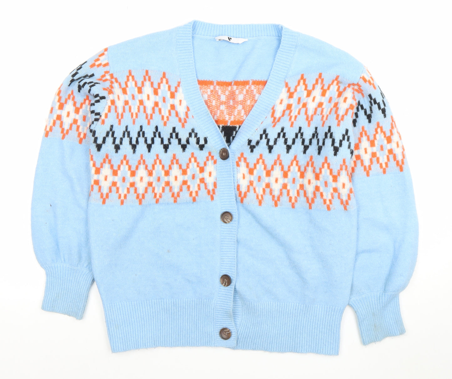 Very Women's Blue Geometric Knit Cardigan Size 10 V-Neck Puff Sleeve