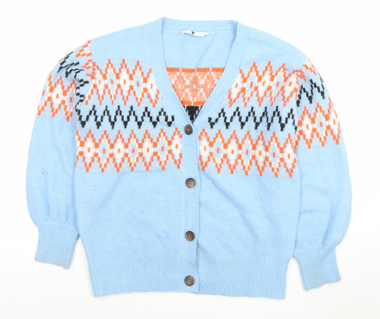 Very Women's Blue Geometric Knit Cardigan Size 10 V-Neck Puff Sleeve