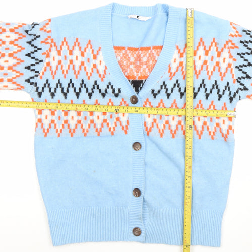 Very Women's Blue Geometric Knit Cardigan Size 10 V-Neck Puff Sleeve
