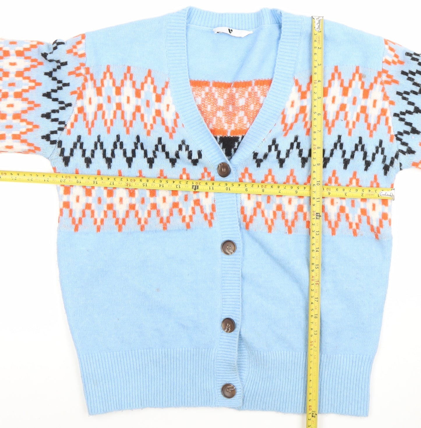 Very Women's Blue Geometric Knit Cardigan Size 10 V-Neck Puff Sleeve