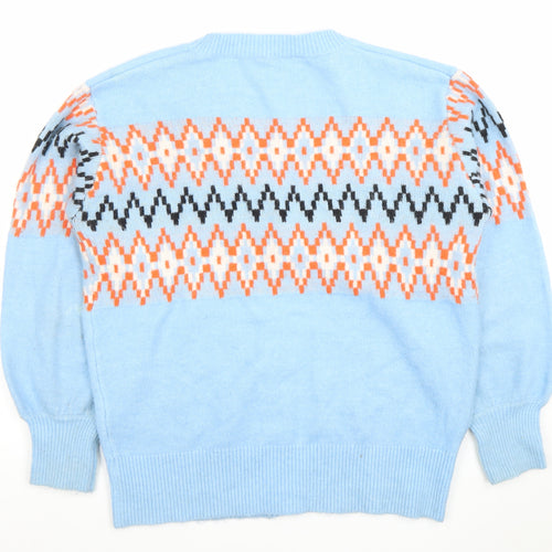 Very Women's Blue Geometric Knit Cardigan Size 10 V-Neck Puff Sleeve