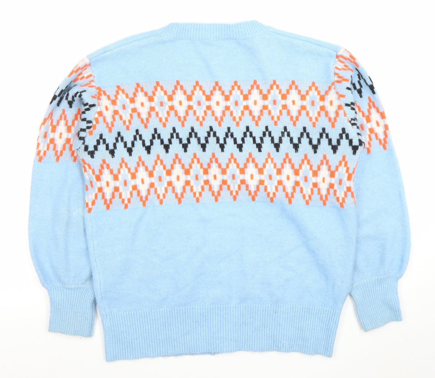 Very Women's Blue Geometric Knit Cardigan Size 10 V-Neck Puff Sleeve