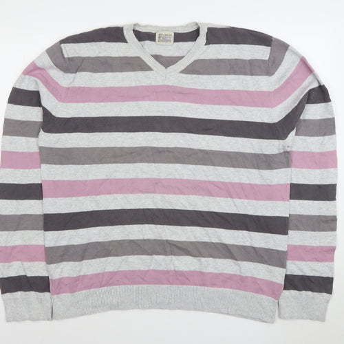 BHS Men's Grey Striped Cotton V-Neck Jumper Large
