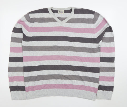 BHS Men's Grey Striped Cotton V-Neck Jumper Large